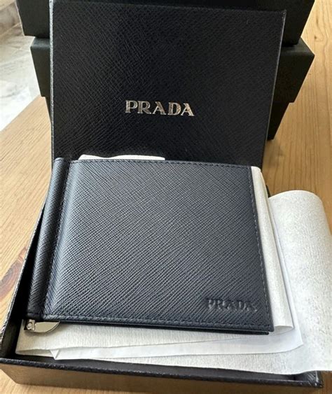 prada saffiano triangle bifold wallet with money clip|Prada.